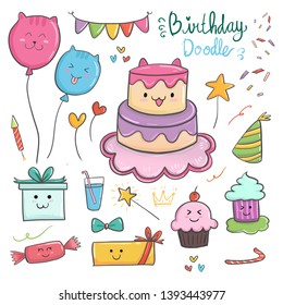 Doodle birthday with cute theme of cat and colorful item.