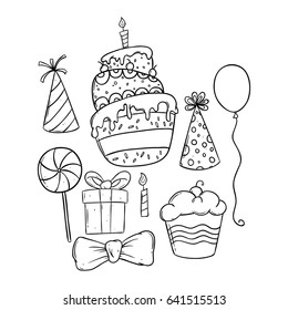 doodle birthday elements with gift box, lollipop, cake and cupcake