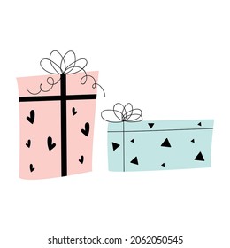 Cajas de regalo de cumpleaños Doodle. Regalo pintado de pincel estilizado para tarjetas de felicitación de fiesta de cumpleaños, envolver diseño de vacaciones.