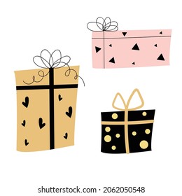 Doodle birthday gift boxes. Brush painted stylized gift for Birthday party greeting cards, wrapping holiday design.