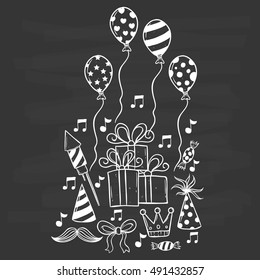 doodle birthday icons set with outline on chalkboard background