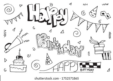 Doodle Birthday party background. Beautiful greeting card poster with calligraphy black text, Hand drawn, design elements, Handwritten modern brush lettering on a white background isolated vector.