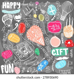 Doodle Birthday party background. Hand drawn unique.