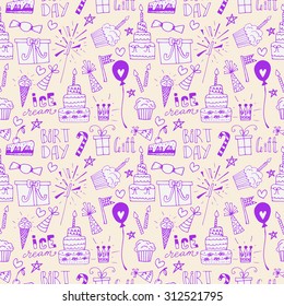 Doodle Birthday party background. Hand drawn elements. Seamless pattern.