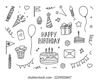 Doodle of birthday party elements. Hand drawn vector illustration of party decoration, gift box, cake with candles, fireworks, confetti, party hats, balloon and desserts. Isolated on white background.