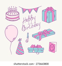 Doodle birthday party item collection. Cartoon vector illustration of gift, balloon and cake