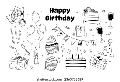 Doodle birthday party line set. Muffins and cupcakes. Air balloons, colorful flags and glasses with drinks. Holiday and festival elements. Linear flat vector collection isolated on white background