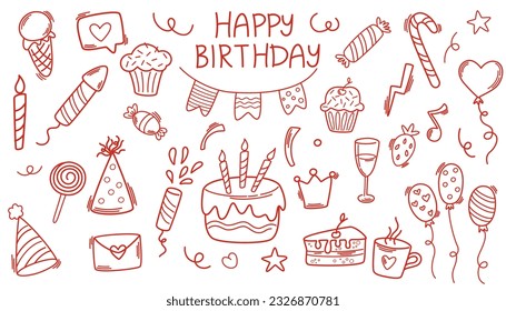 Doodle Birthday party. Set of Happy Birthday party decoration, gift box, cake, party hats. Creative minimalist style art symbol collection for children or party celebration with modern shapes. Vector