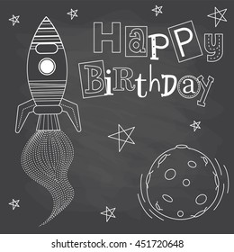 Doodle birthday with rocket on the sky