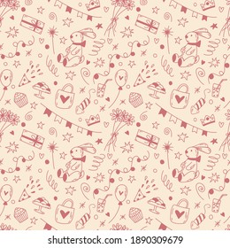 Doodle birthday seamless pattern in pink and champagne. Cute cartoon vector background for St. Valentine's