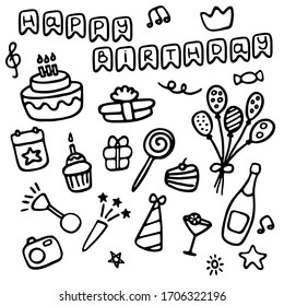 Doodle birthday set icons. Hand-drawn set of holiday signs.