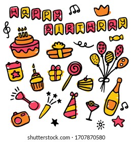 Doodle birthday set icons. Hand-drawn set of holiday signs. Vector