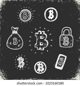 doodle bitcoin icons set on a blackboard background
