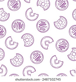 doodle bitten donuts hand drawn line art top view seamless pattern for design background