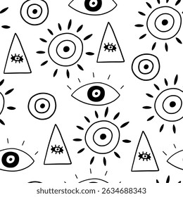Doodle black abstract turkish evil eye seamless pattern. Greek magic astrology design. Vector background