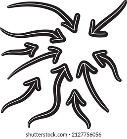 Las flechas negras de Doodle están aisladas en un fondo blanco. Arrows Vector conjunto de elementos de diseño de ilustración.