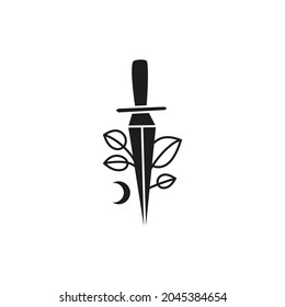 Doodle schwarze Blade mit Halbmond und Blätter einzeln auf weißem Hintergrund.