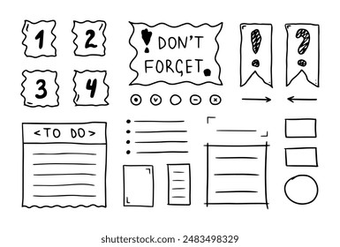Doodle black bullet journal. Hand drawn elements, numbers, month names and days of the week, stickers, planner labels. Sketch scribble style. Vector illustration for diary, planner, notebook