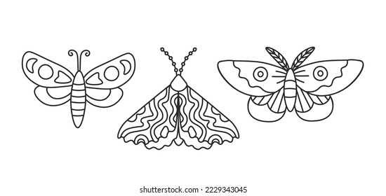 Doodle black butterflies set. Hand drawn line art moth collection. Black isolated outline vector illustration on white background