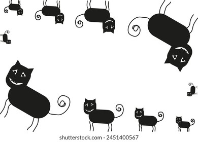 Doodle black cat Frame. Weird Empty Kawaii black cat family isolated transparent background. Blank text field in Psychedelic retro style. Vector illustration. EPS 10