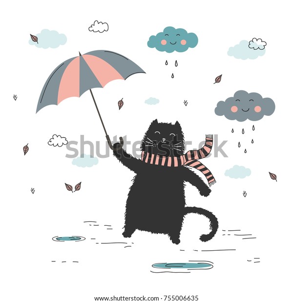 Doodle Black Cat Holding Blue Umbrella Stock Vector (Royalty Free ...