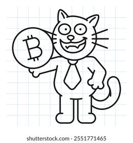 Doodle gato negro sosteniendo moneda con signo de bitcoin y sonrisas. Ilustración vectorial