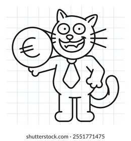 Doodle gato negro sosteniendo moneda con signo de euro y sonrisas. Ilustración vectorial