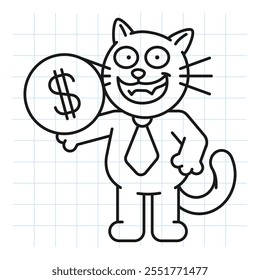 Doodle gato negro sosteniendo moneda con signo de dólar y sonrisas. Ilustración vectorial