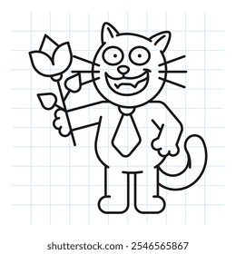 Doodle black cat holds rose and smiles. Vector Illustration