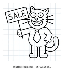 Doodle black cat holds sign saying sale and smiles. Vector Illustration