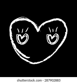 Doodle black heart cartoon hand drawing with love eyes on black background