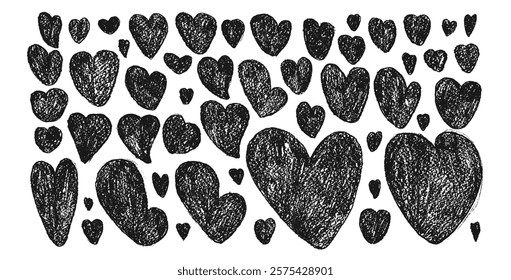 Doodle black hearts set. Crayon romantic elements. Love signs grunge icons. Textured markers date symbols. Vector heart shapes drawn by pencil or chalk illustration isolated on white background.