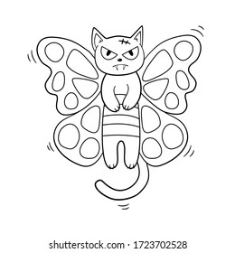 Doodle black line fantasy animal. Hand drawn cat and butterfly combined are flying. Coloring pictures for kids and those interested. Vector illustration from imagination.