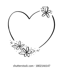 Doodle black line flowers with leaf on heart shape frame. 2 silhouette for cut file, clipart. Digital or printable sticker. Vector illustration for decorate logo, card or any design.