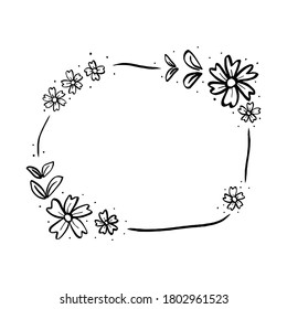 Doodle black line flowers with leaf in round square frame. 2 silhouette for cut file, clipart. Digital or printable sticker. Vector illustration for decorate logo, card or any design.