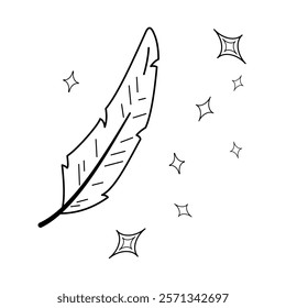 Doodle black line magic feather. Writing pen Isolated Vector illustration theme magic, Halloween, esotericism. Outline graphic.