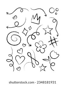 Doodle  Black  Line Set Include of Heart, Stroke, Circle, star, flower and Arrow Sign. Vector illustration