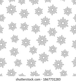 Doodle black mandala in the shape of snowflakes on white background. Suitable for wrapping paper, wallpaper, textile.