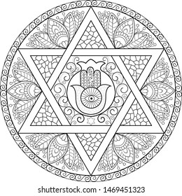 Doodle black on transparent Judaic floral and hamsa mandala with six pointed star for coloring 