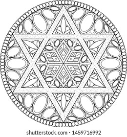 Doodle black on transparent judaica gems and mosaic mandala with six pointed star for coloring 