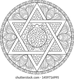 Doodle black on transparent judaica floral and pomegranate mandala with six pointed star for coloring 