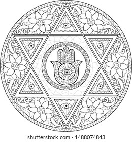 Doodle black on transparent mandala for coloring. palm-shaped amulet inside a six shaped star and floral borders 