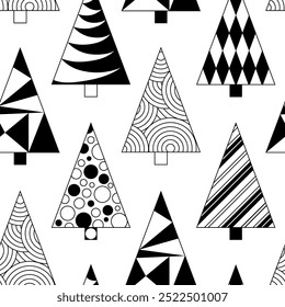 Doodle negro sobre blanco textura de árbol sin fin. Árboles de Navidad monocromáticos repitiendo el patrón. Fondo de invierno dibujado a mano. Diseño de vacaciones geométrico moderno para impresión, Fondo de pantalla, envoltura, cubierta, textil