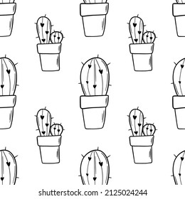 Doodle black outline cactus seamless pattern. Home plant. Ink sketch.