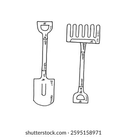 Doodle black outline cartoon drawing of shovel and a rake side by side.