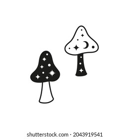 Doodle black and outline magical unedible mushrooms with stars and moon isolated on white background.