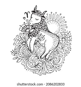 doodle in black outline zodiac sign aries in flowers and leaves