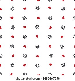 Doodle black paw print with red hearts seamless fabric design repeated pattern with black background