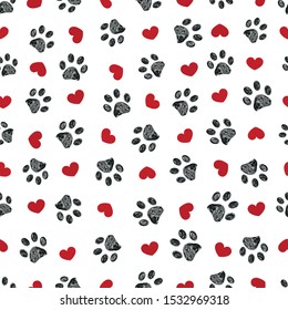 Doodle black paw print with red shining hearts seamless pattern