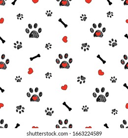 Doodle black paw prints, bone with red heart vector seamless pattern for fabric design